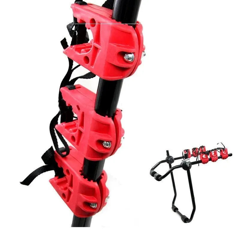 Black and red trunk-mounted car bike rack showing pull belt and tie rope fastening options