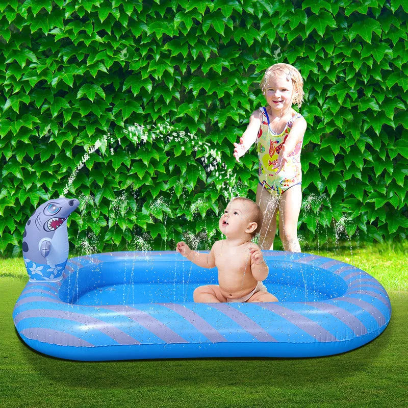 Blue dinosaur-themed inflatable water play pool with spray features for children's outdoor use