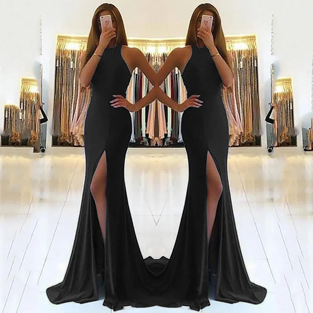 Red long evening dress with hollow design detail, large swing skirt, and high waist.