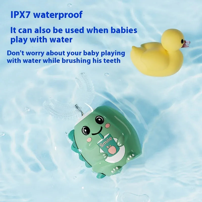 Children's cartoon dinosaur soft bristle electric toothbrush with U-shaped silicone head in green