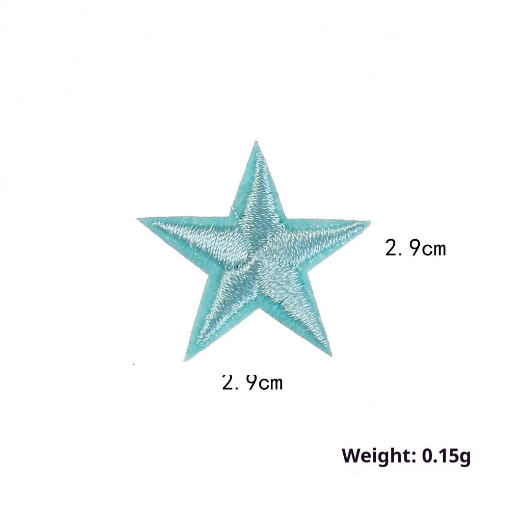 Colourful embroidered five-pointed star designs on cloth sticker labels for DIY clothing customisation.
