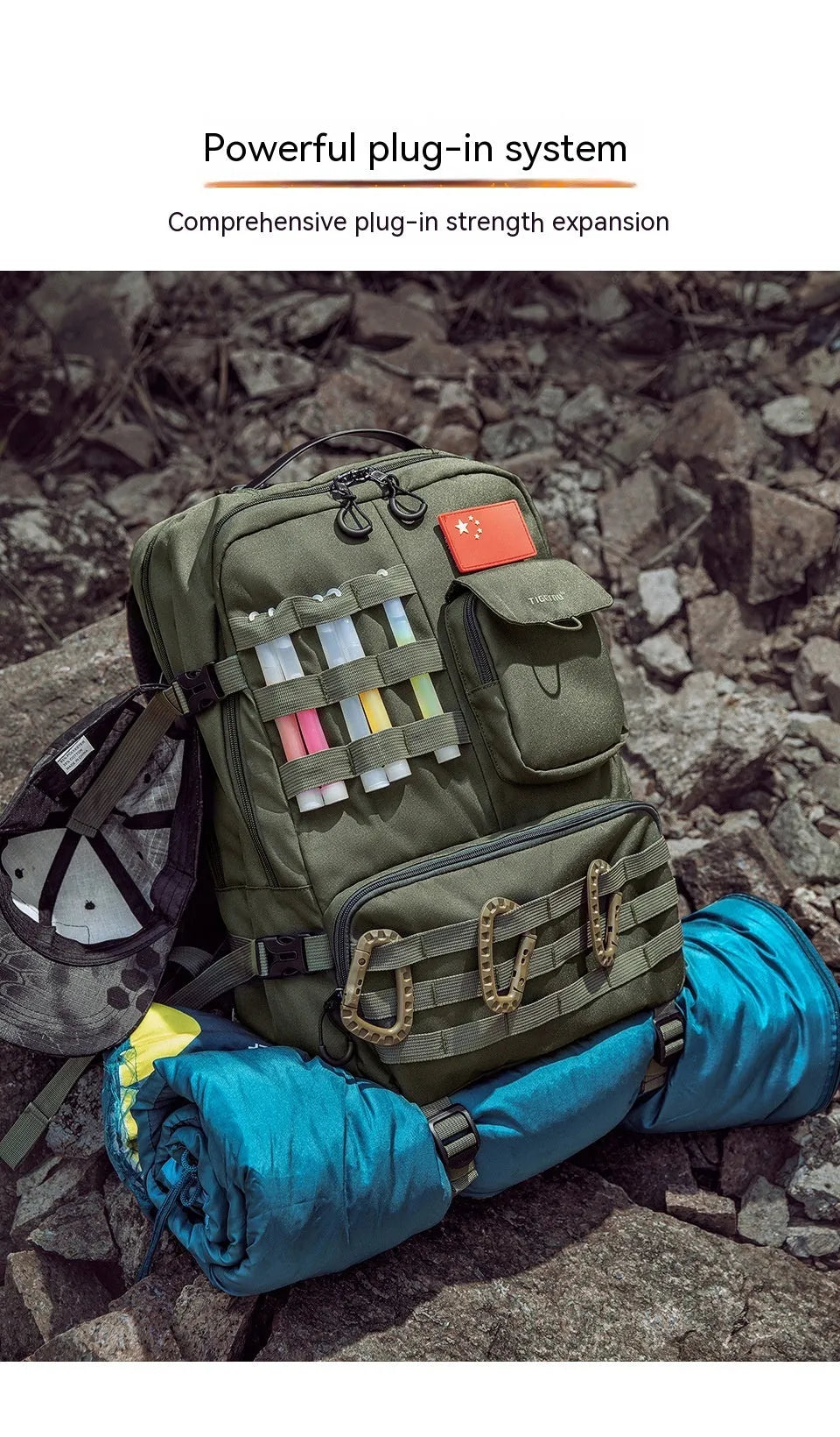Army green tactical backpack with waterproof nylon construction showing 17-inch frame and adjustable straps