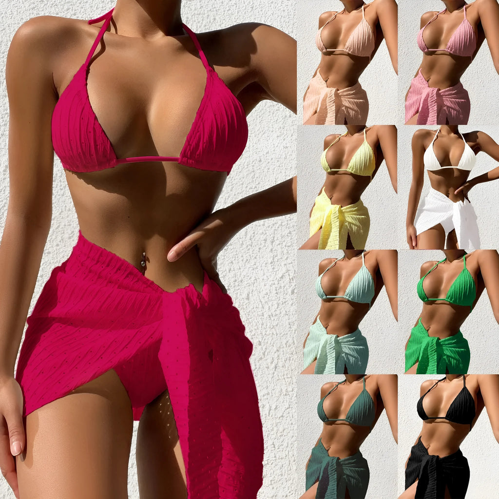 Women's halterneck bikini set with mesh skirt in solid colour
