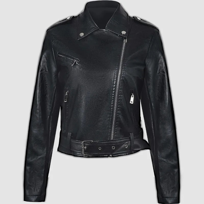 Women's black PU leather jacket with lapel short belt in street fashion style