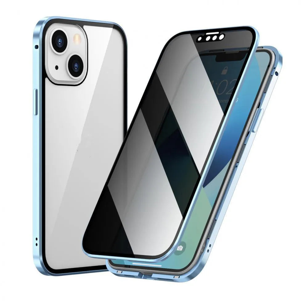 A solid-colour magnetic iPhone case with an integrated metal frame, shown in black, for use with magnetic car mounts.