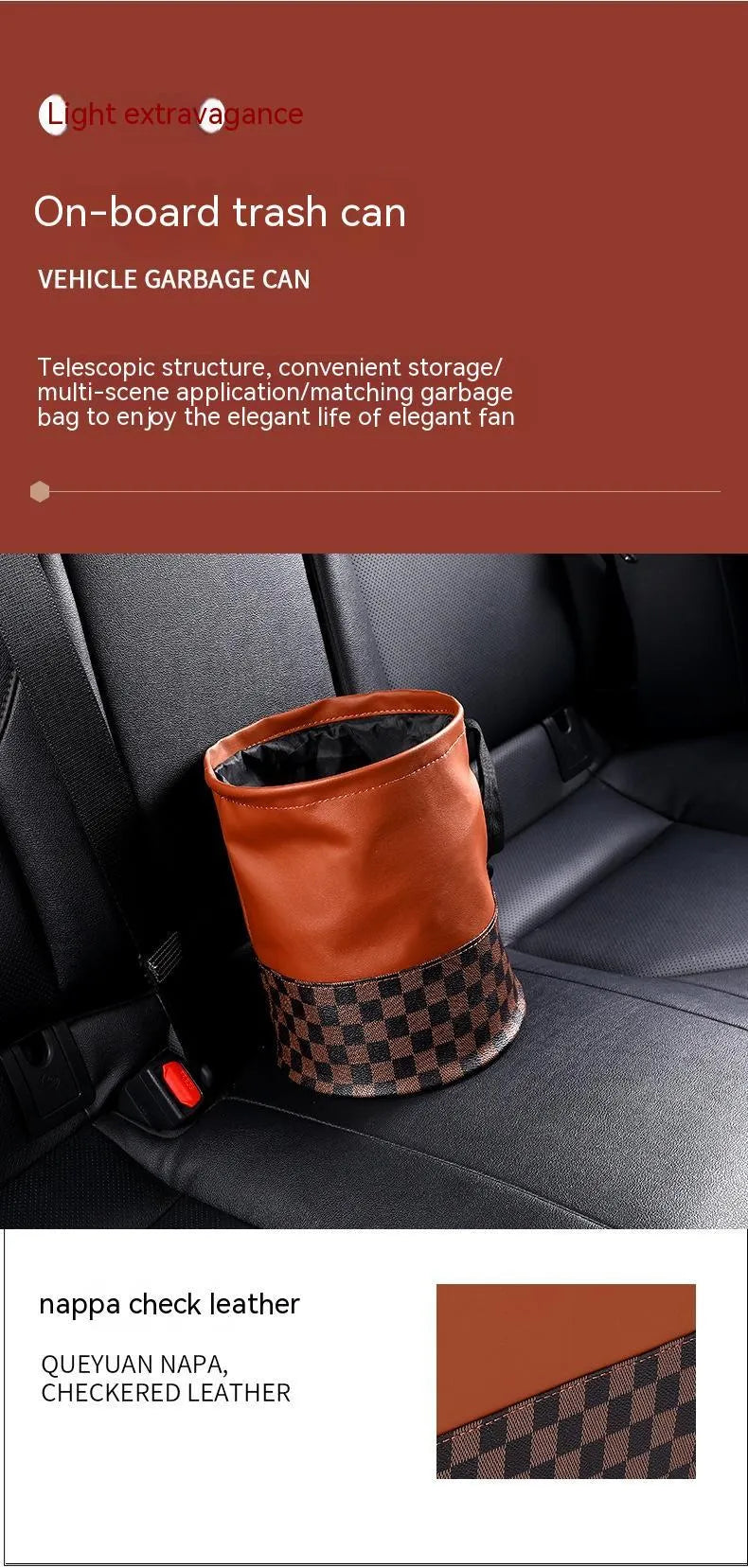 Retractable leather car interior trash can showing folded and extended positions