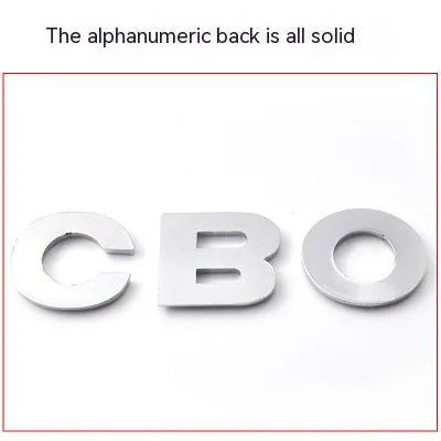 Metal car bumper stickers showing 3D raised English alphabet letters in silver finish