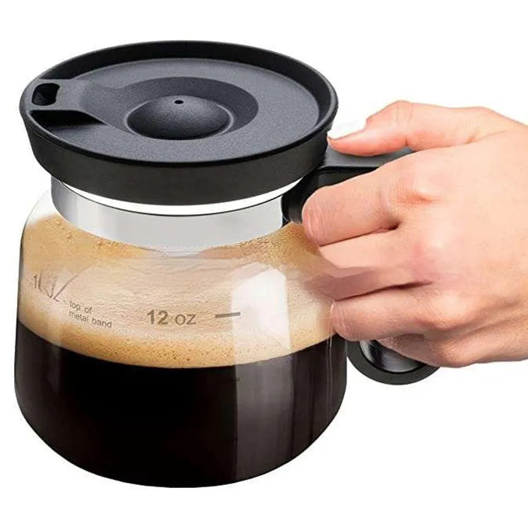 Transparent borosilicate glass coffee maker with silicone cover showing 355-473ml capacity range