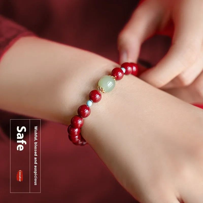 Purple Gold Sand cinnabar and Hetian jade bead bracelet with geometric shapes in 6mm, 8mm, and 10mm sizes.