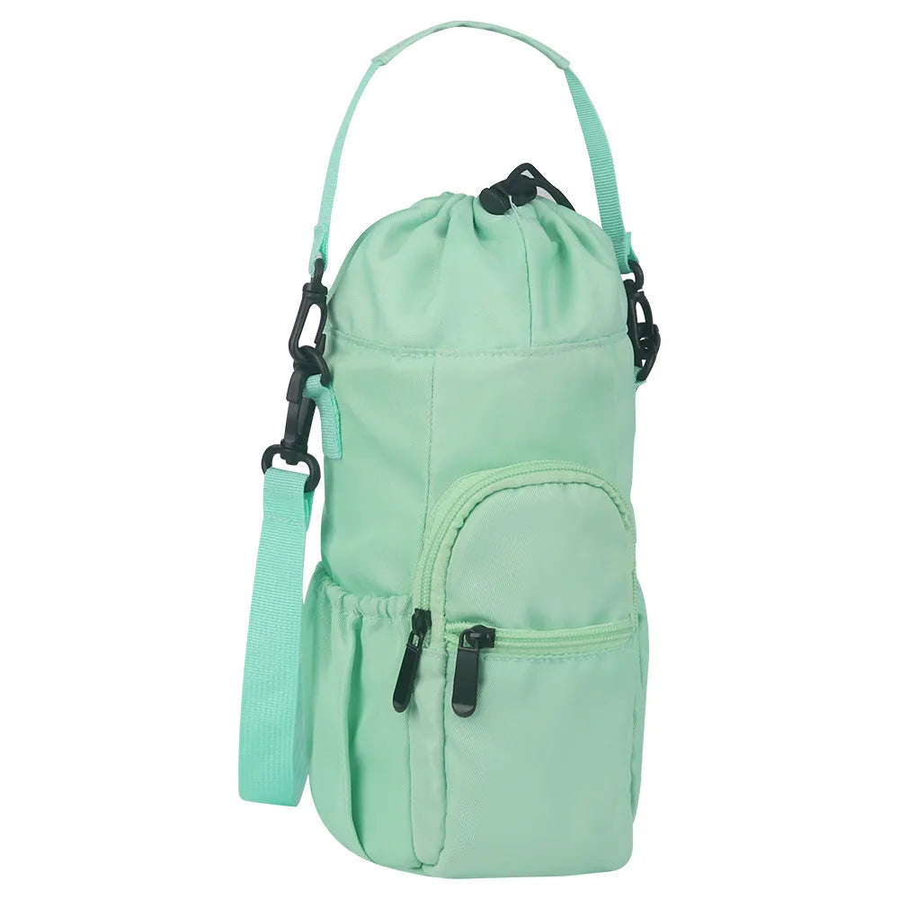 Cloth water bottle shoulder bag with crossbody strap in black, green and pink colour options