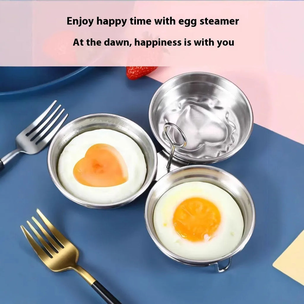 Mini stainless steel egg steamer kitchen appliance in round or heart-shaped design for boiling eggs