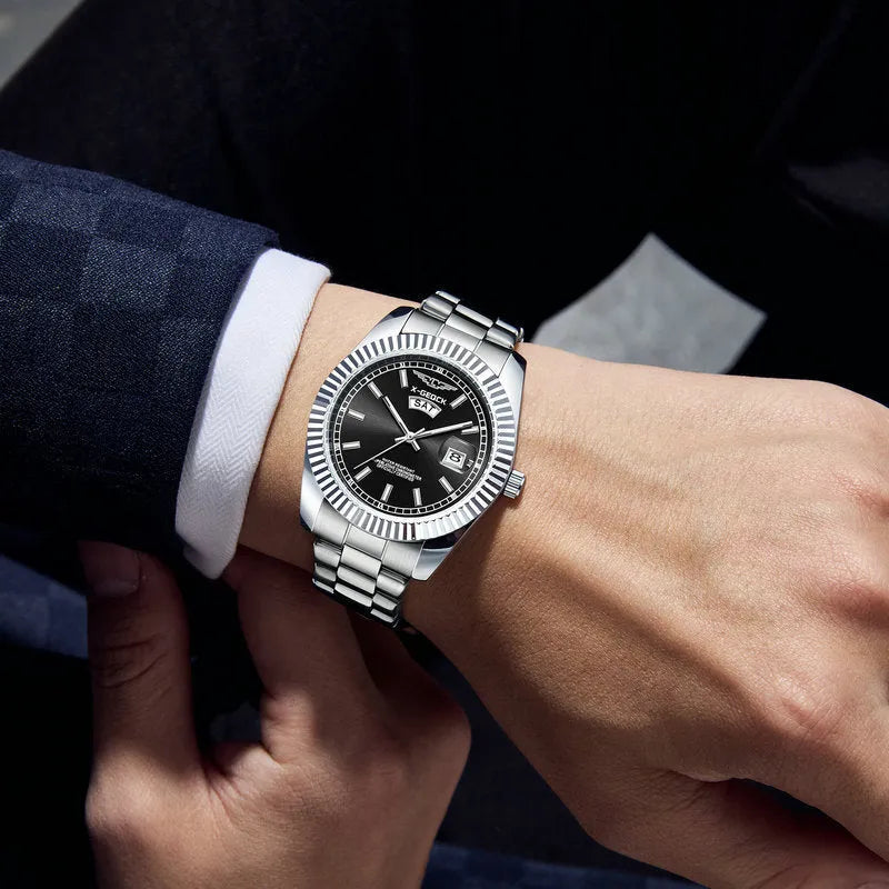 Ultra-thin men's waterproof luminous quartz watch with stainless steel strap and round dial