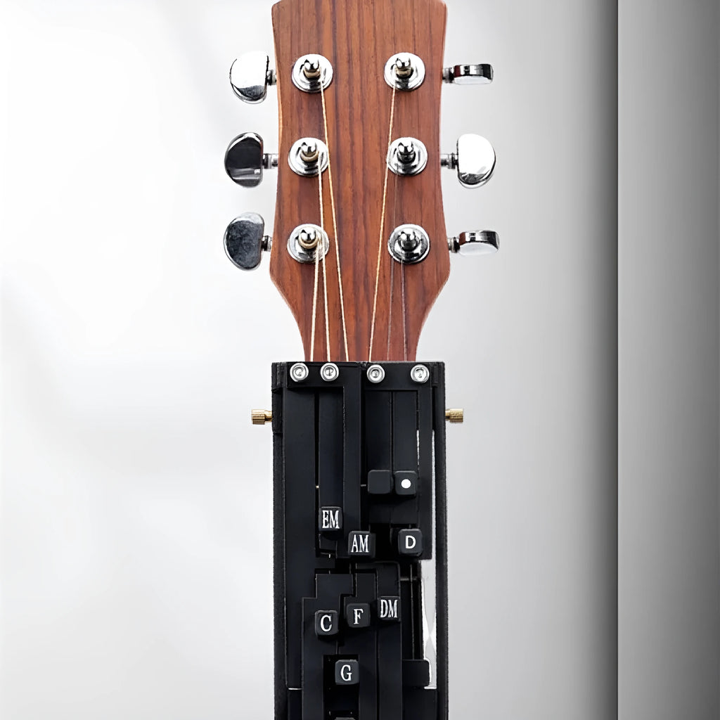 Black guitar capo with second chord feature for beginner folk guitar practice