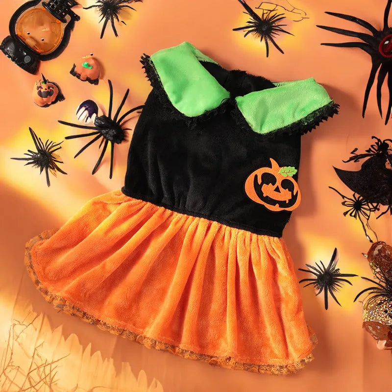 Crystal velvet Halloween pumpkin skirt costume for dogs and cats on mannequin