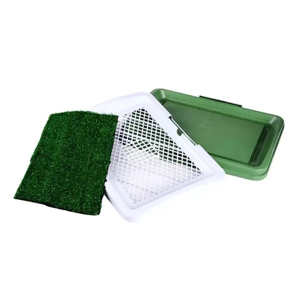 Three-layer artificial grass indoor dog toilet training tray with plastic base and removable turf