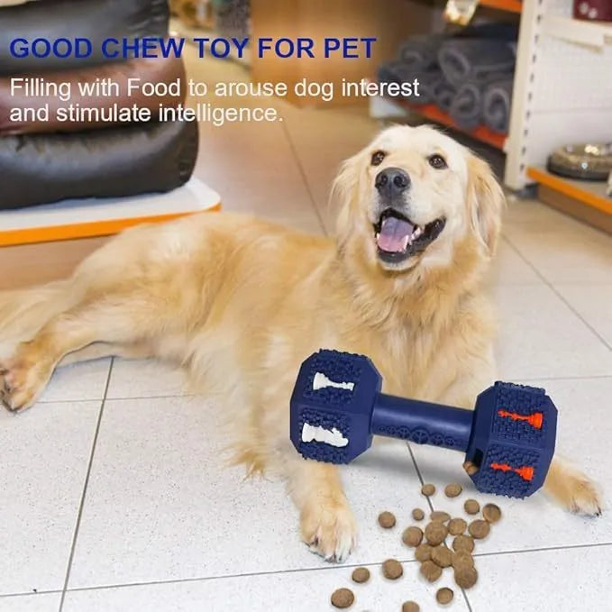Natural rubber dog chew toy with hollow dumbbell design and textured surface for dental care