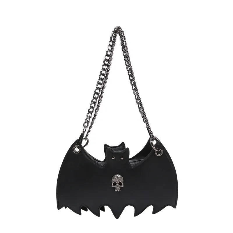 New Fashion Creative Halloween Personalized Bat Handbag in black PU leather with chain strap and batwing shape