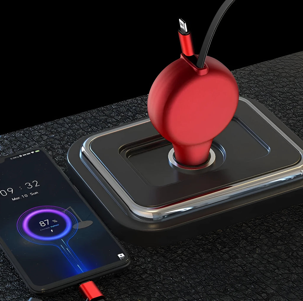 Black retractable car charger with extended cables showing QC3.0 and PD charging heads