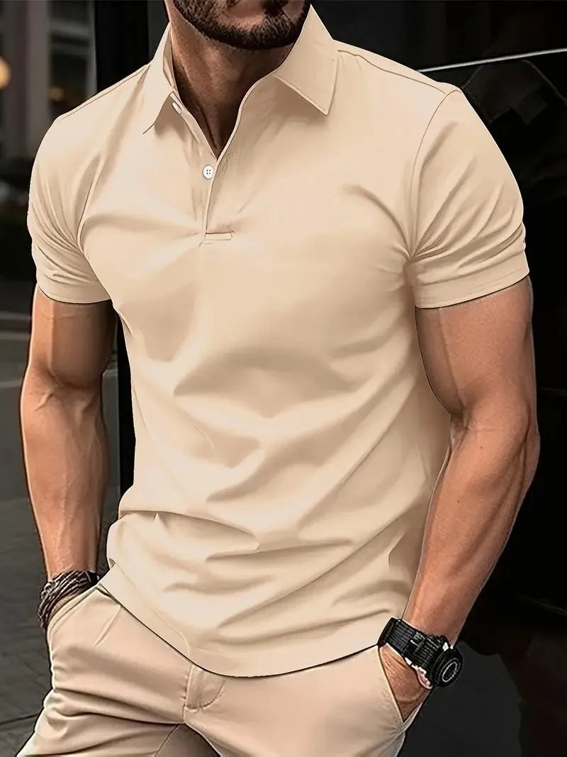 Men's slim fit cotton blend short sleeve button-up shirt in solid colour