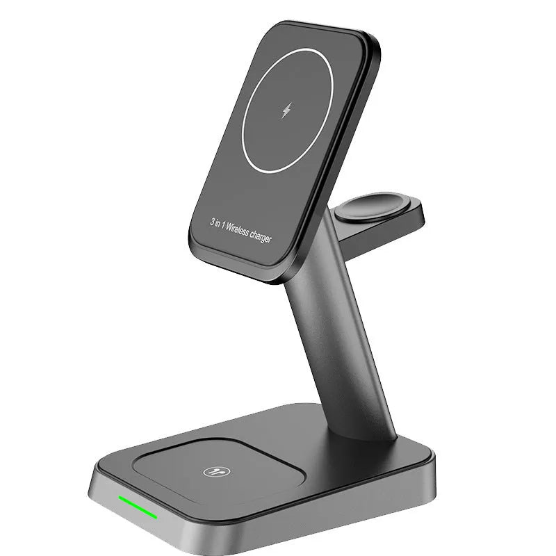 Black minimalist wireless charging station with vertical phone charging and integrated power bank
