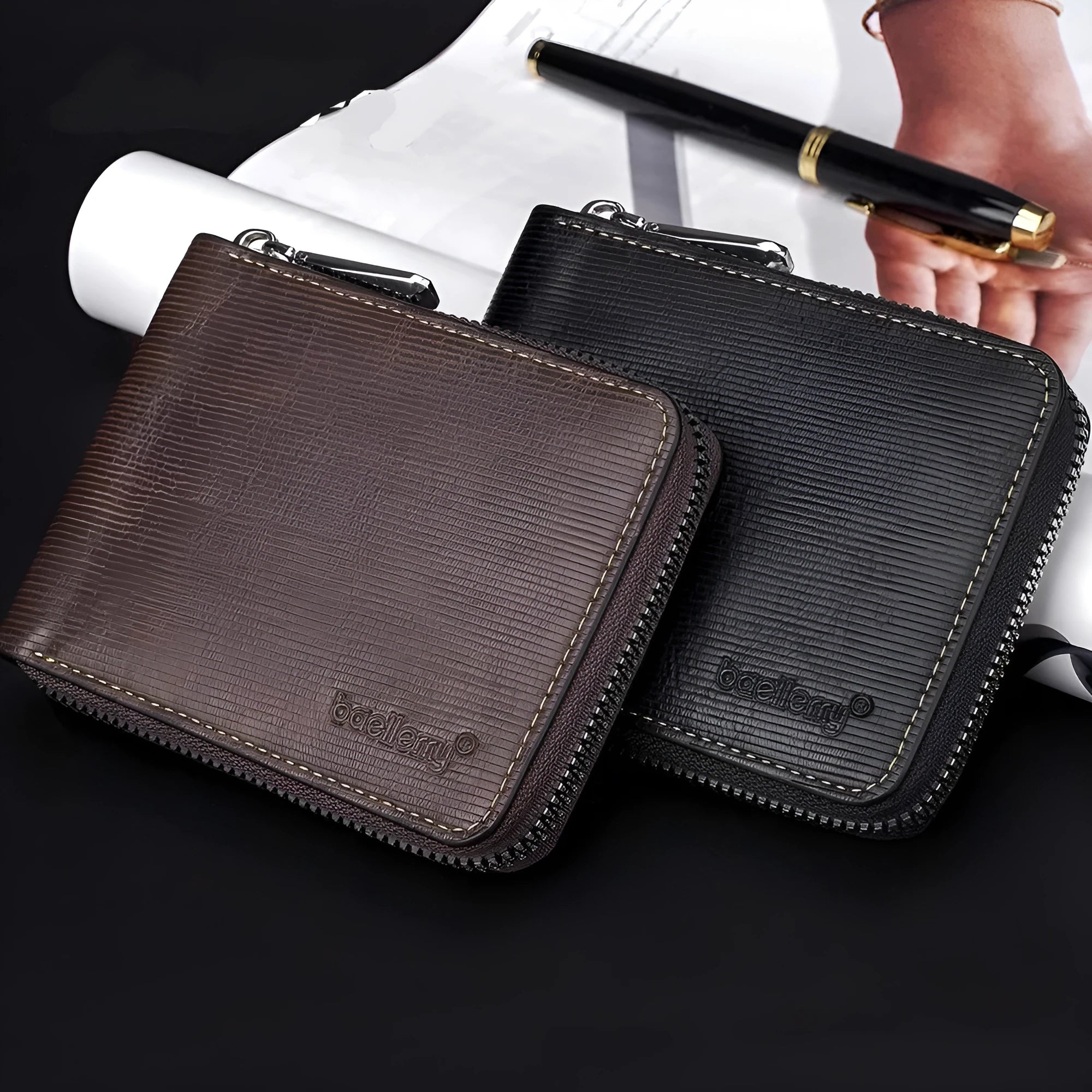 Black embossed PU leather zip wallet showing credit card slots and anti-theft zipper closure