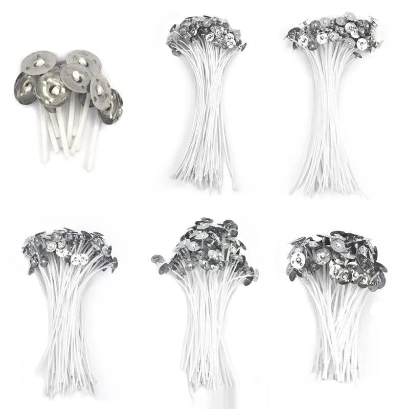 White cotton candle wicks in three lengths - 2.6cm, 6cm, and 8cm - for DIY candle making projects
