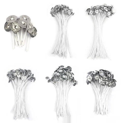 White cotton candle wicks in three lengths - 2.6cm, 6cm, and 8cm - for DIY candle making projects
