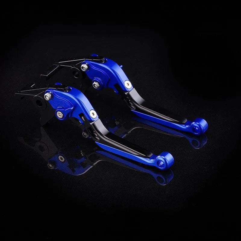 Pair of anodised metal motorcycle horn handle clutch levers with six-speed adjustable length, shown in a selection of colour finishes