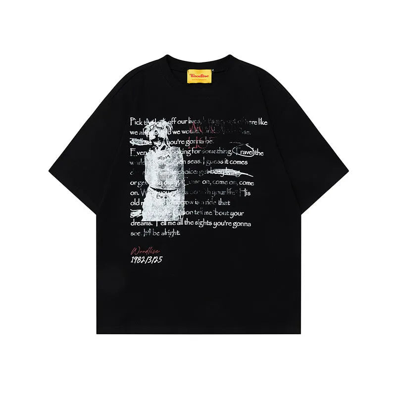Men's black retro hip hop T-shirt with white letter printing and raglan sleeves