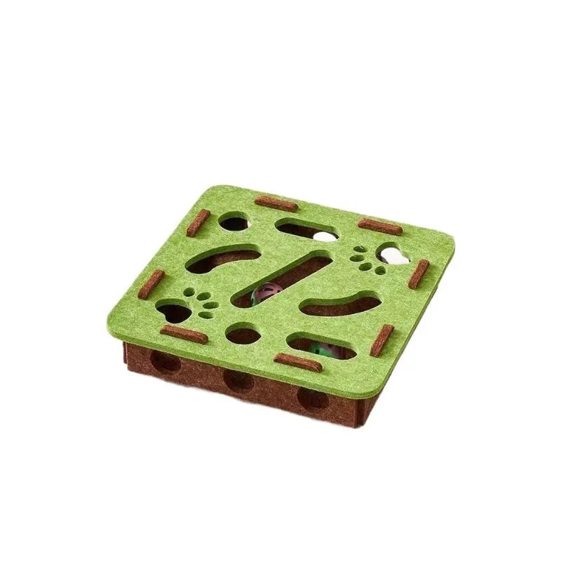 Felt cat toy box 30cm with scratching surface and hiding holes in green brown colour