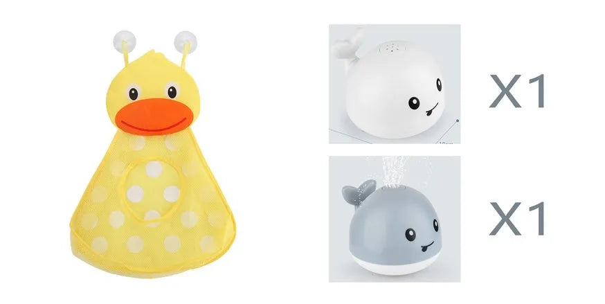 Whale-shaped electric bath toy spraying water with flashing lights, on a blue base.