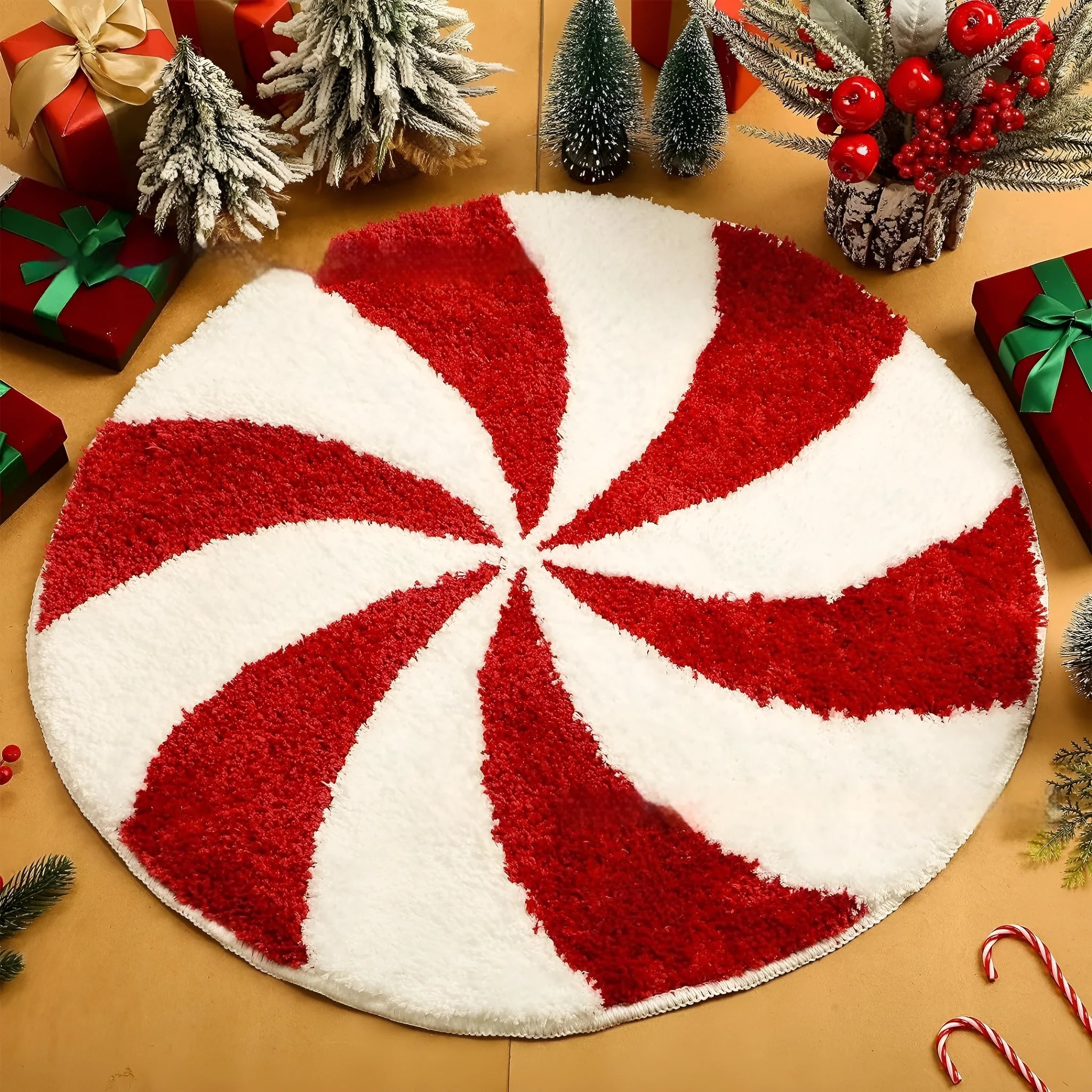 Round Christmas-themed carpet on floor, available in 60cm and 80cm sizes.