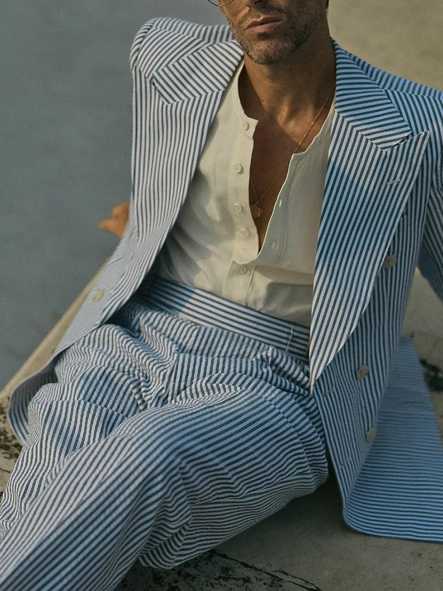 Blue and white striped polyester suit set with blazer and trousers for professional daily wear