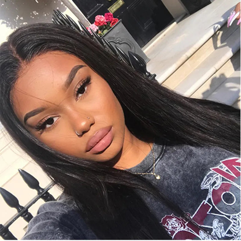 Black long straight wig with centre-parted bangs made from high-temperature fibre