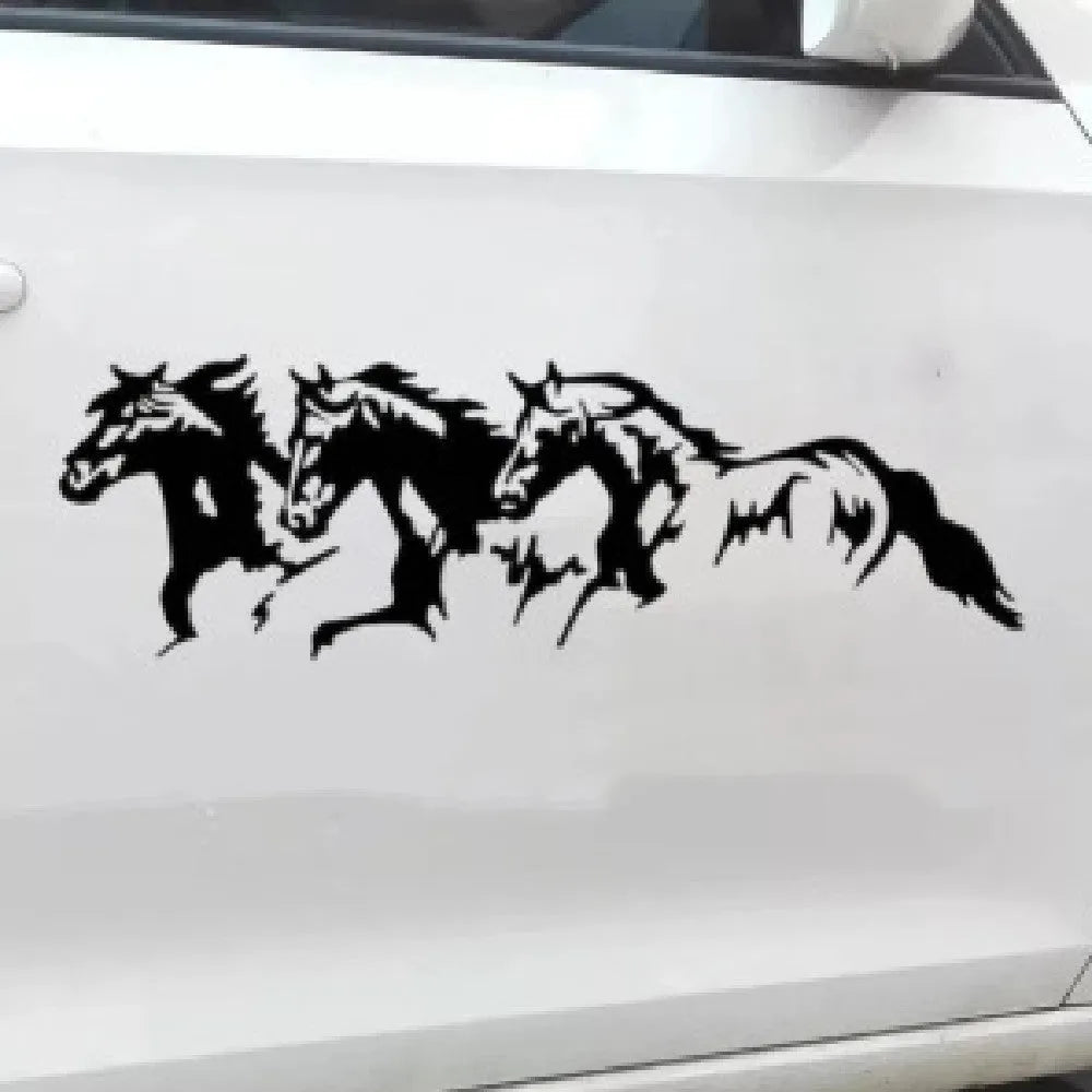 Galloping horse design car body sticker decal in black, white, red, or blue, measuring 25 by 8 centimetres.