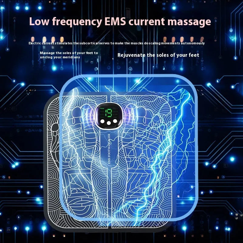 USB rechargeable reflexology foot massager mat with remote control on a wooden floor