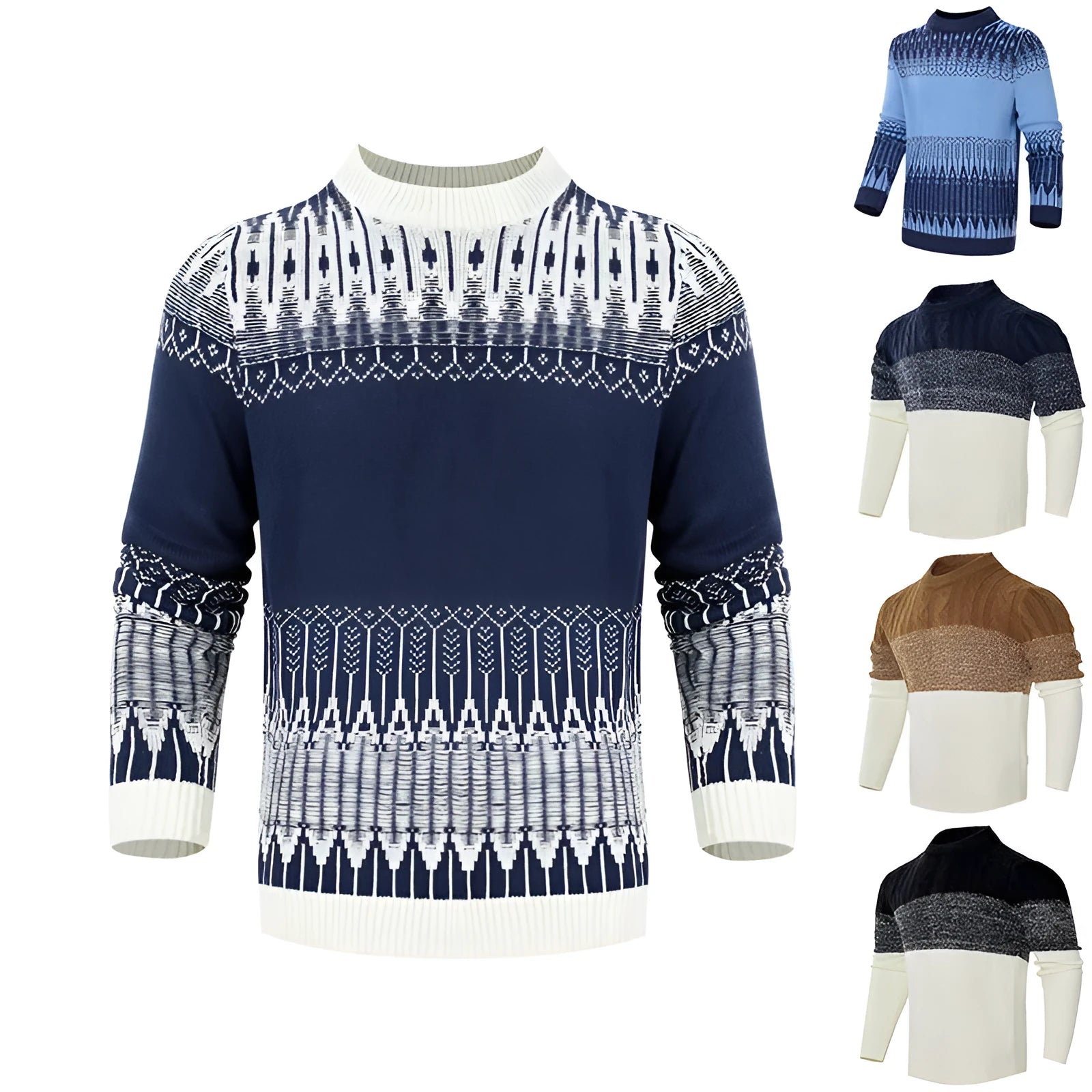 Men's grey knitted crew neck pullover sweater on a hanger.