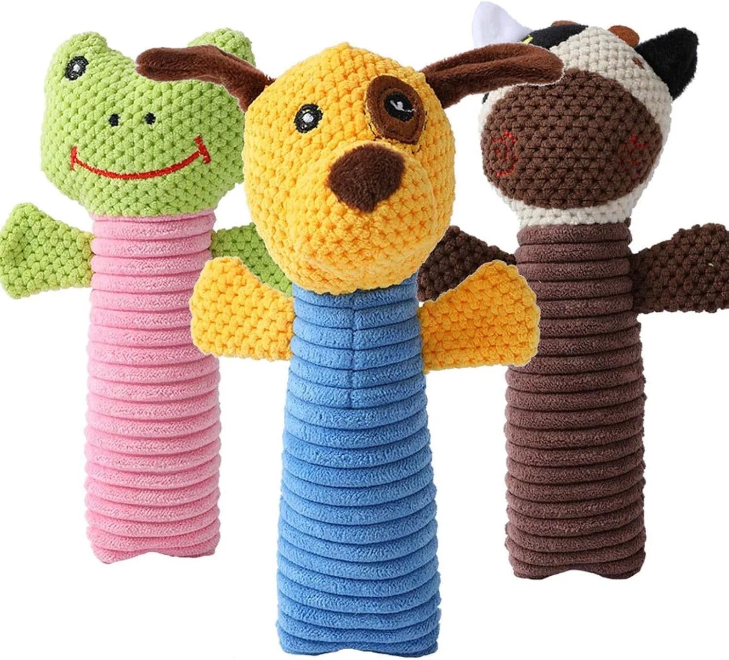 Plush dog squeaky chew toy in animal shape measuring 19cm long
