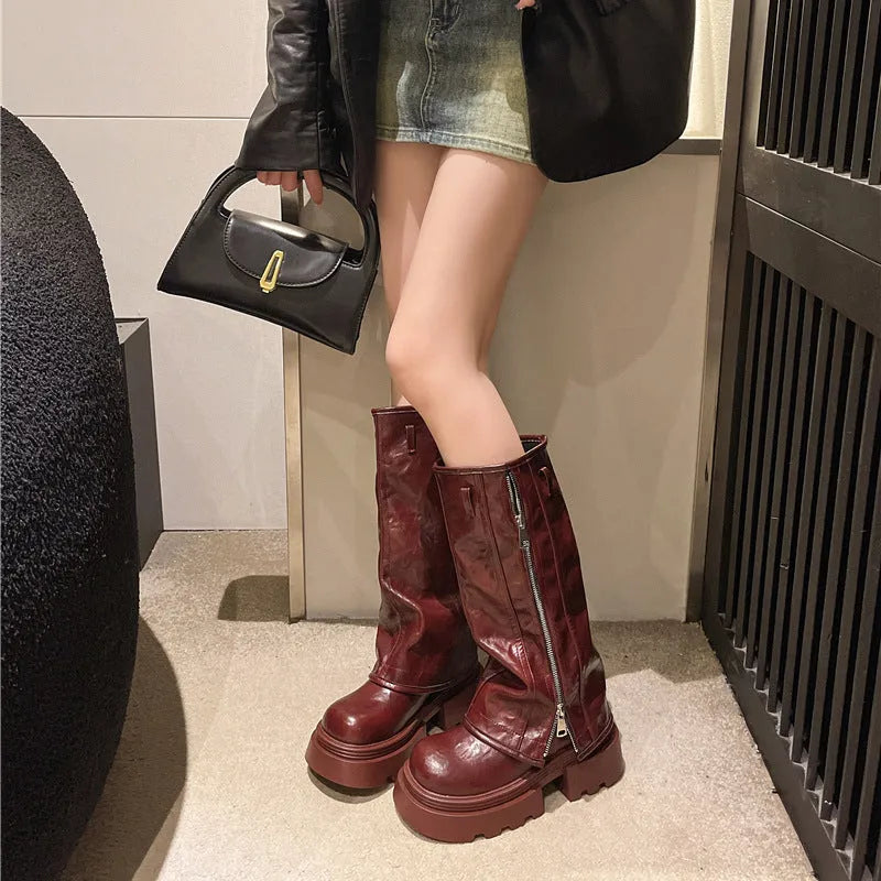 Women's platform Martin boots with square heel and high sock in black, brown, and wine red colour options
