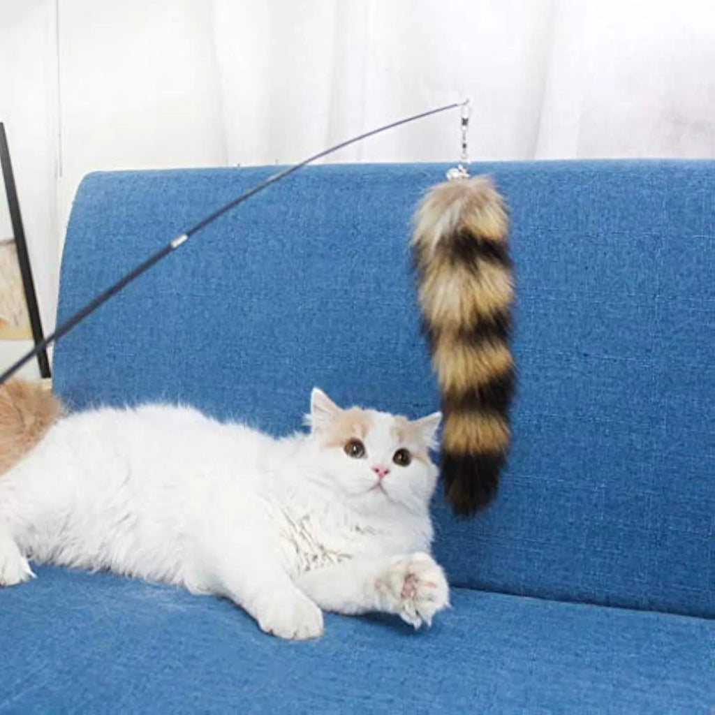 Black cat toy wand with long elastic string for interactive feline play