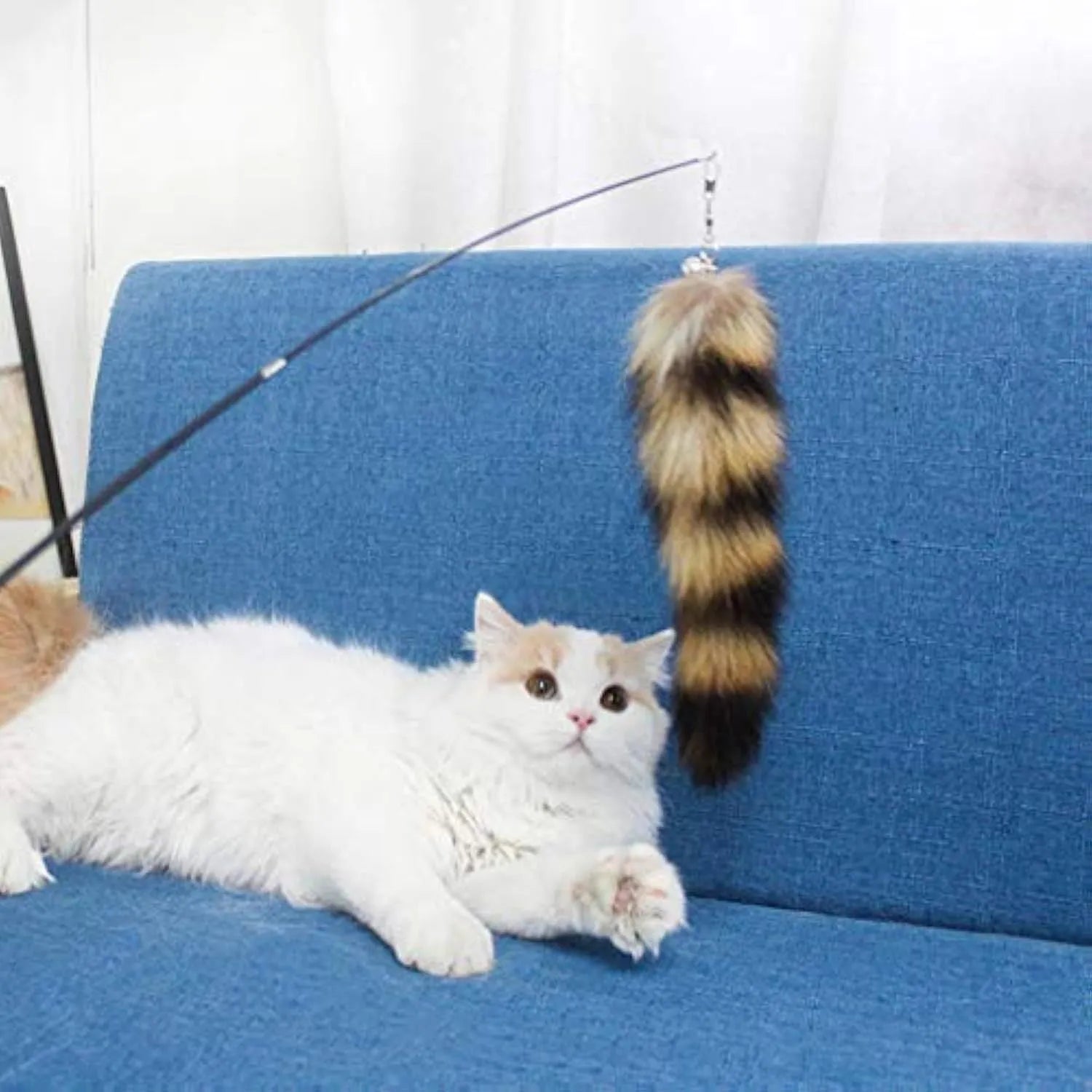 Black cat toy wand with long elastic string for interactive feline play