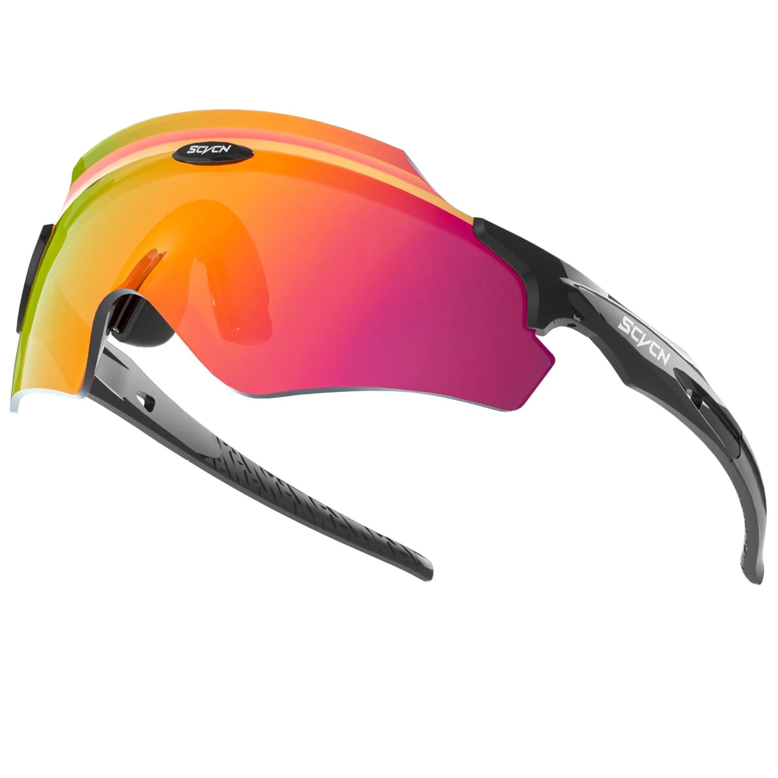 Frameless windproof sports goggles with an integrated colourful lens, shown in a sporty setting.
