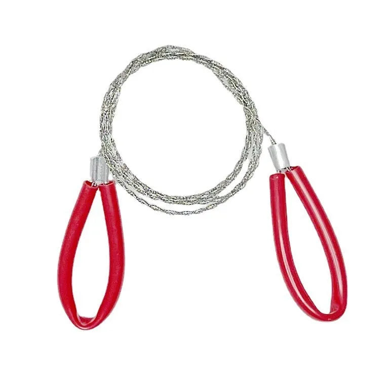 Black leather case containing stainless steel wire survival saw with red pull handles