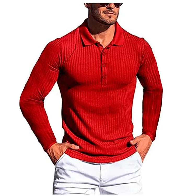 Man wearing a high elasticity slim knit summer shirt in a loose fit with short sleeves, shown in one of ten available colours.