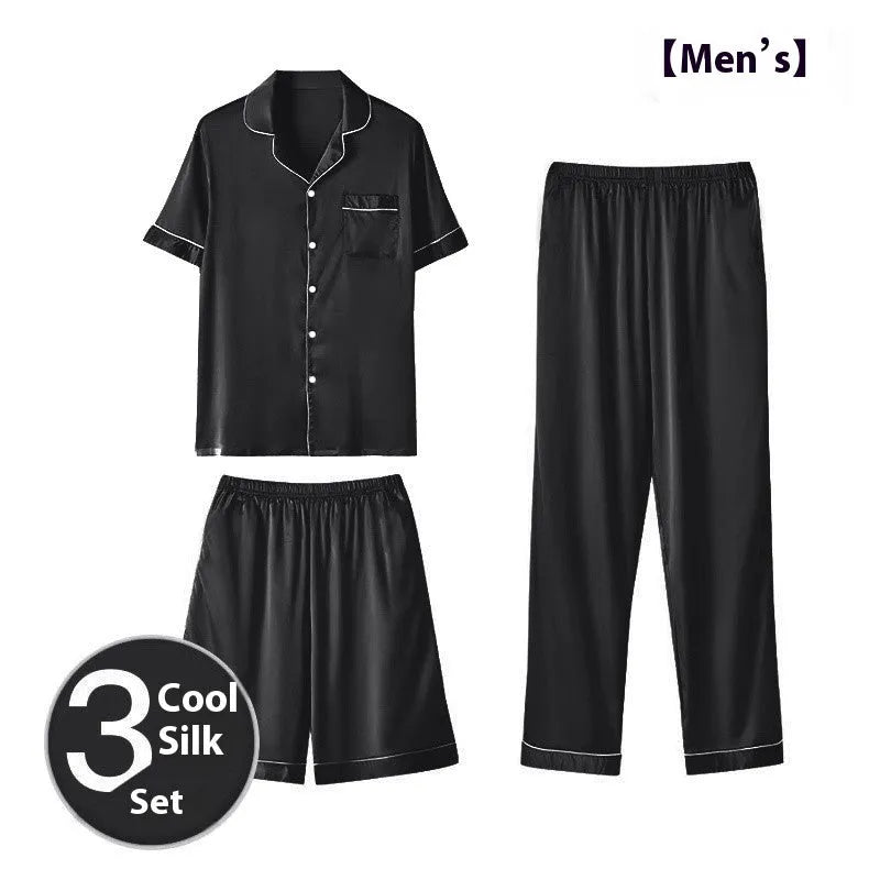 Men's ice silk three-piece home wear suit showing short sleeve top, shorts, and trousers laid flat.