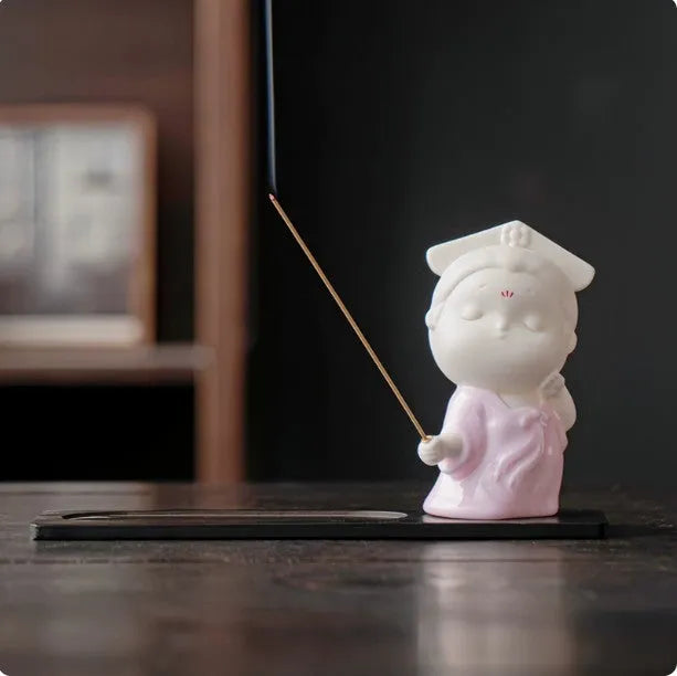 Small ceramic female court attendant figure incense burner decoration in cute style