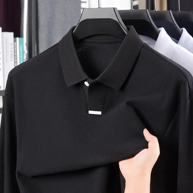 Men's loose fit cotton polo shirt with lapel collar and long sleeves in grey.