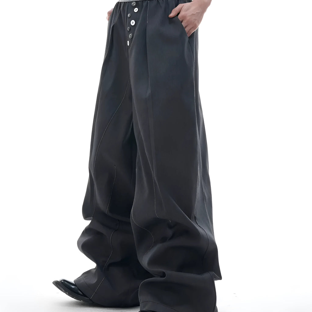 Straight-leg high-waist trousers with button open line detailing in black and grey colours