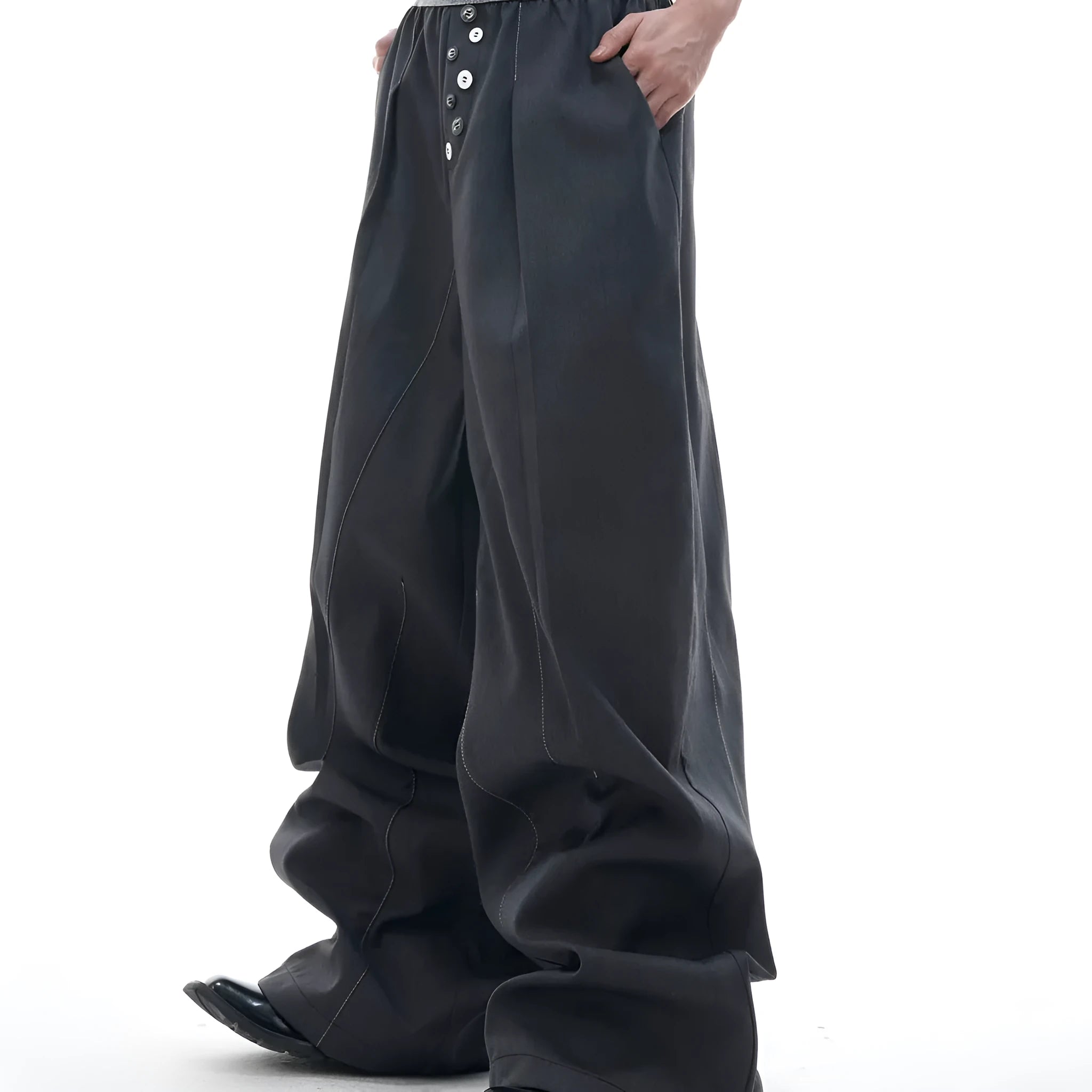 Straight-leg high-waist trousers with button open line detailing in black and grey colours