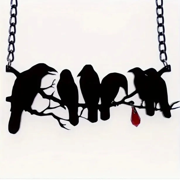 Black crow necklace on cross chain with electroplated finish and animal modelling